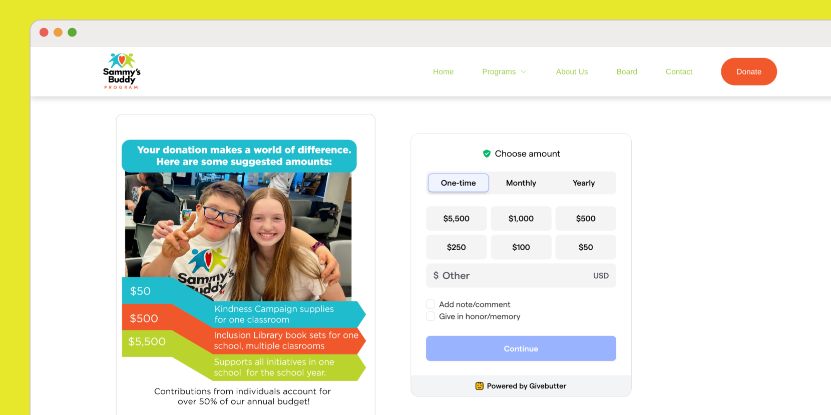 Sammy's Buddy Program donation landing page